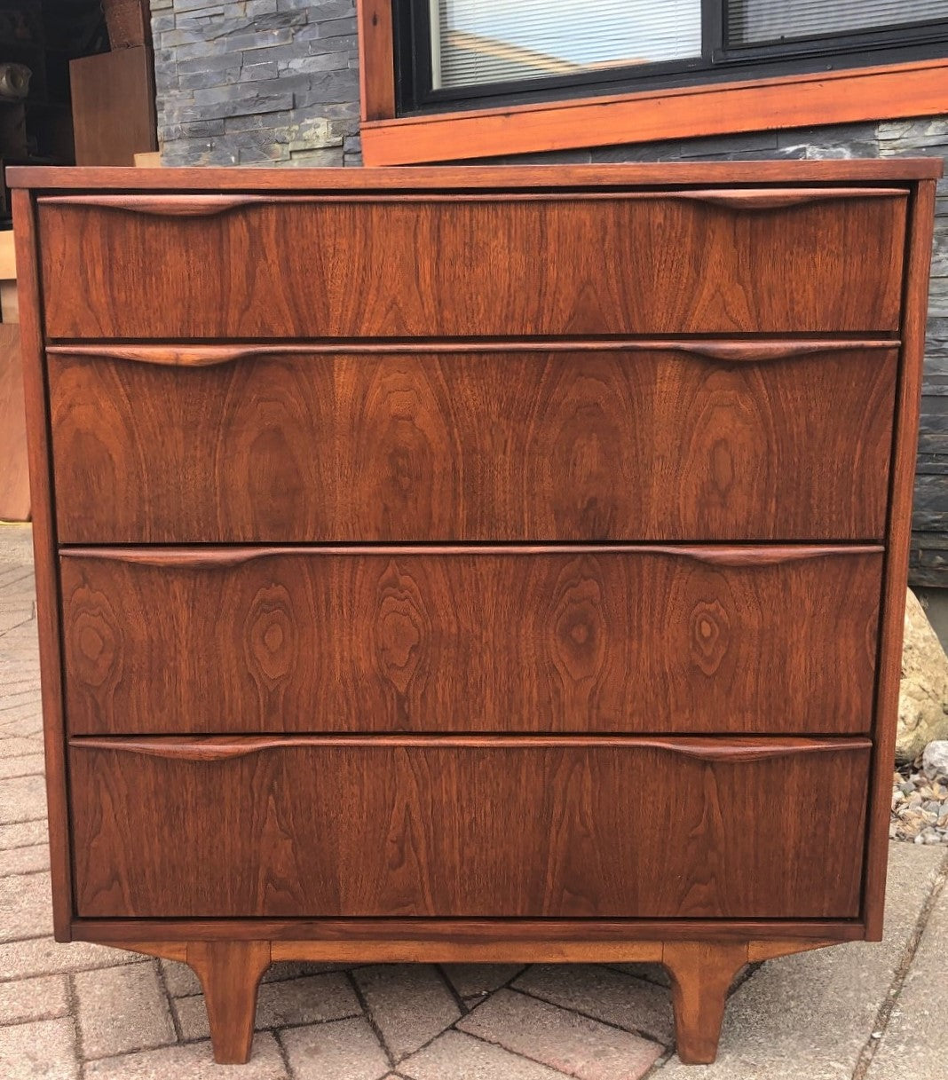 REFINISHED MCM Walnut Tallboy Dresser 4 Drawers PERFECT, compact 34" - Mid Century Modern Toronto