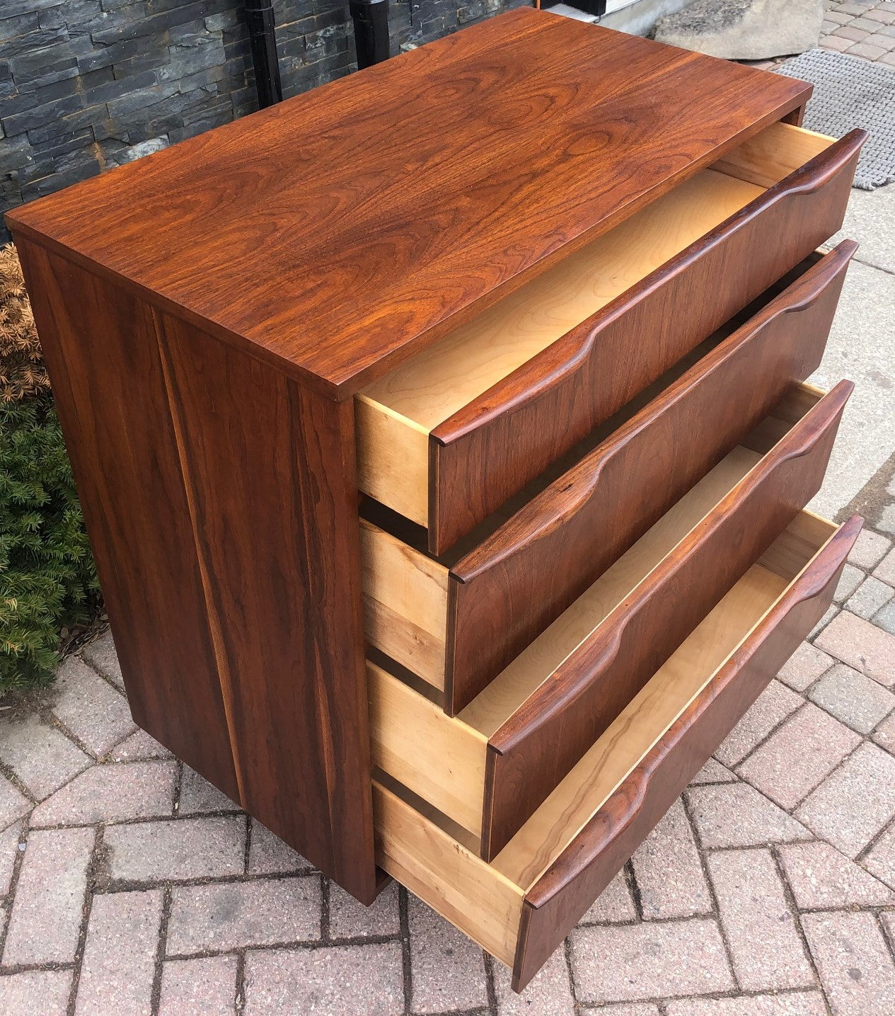 REFINISHED MCM Walnut Tallboy Dresser 4 Drawers PERFECT, compact 34" - Mid Century Modern Toronto