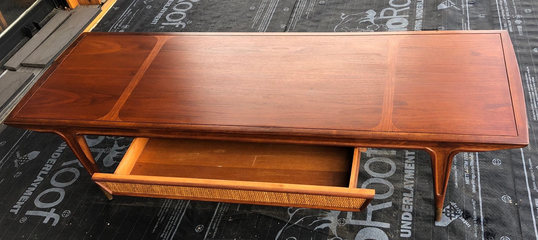 REFINISHED MCM Walnut Coffee 62" with a drawer and inlays, PERFECT, treated for durability - Mid Century Modern Toronto