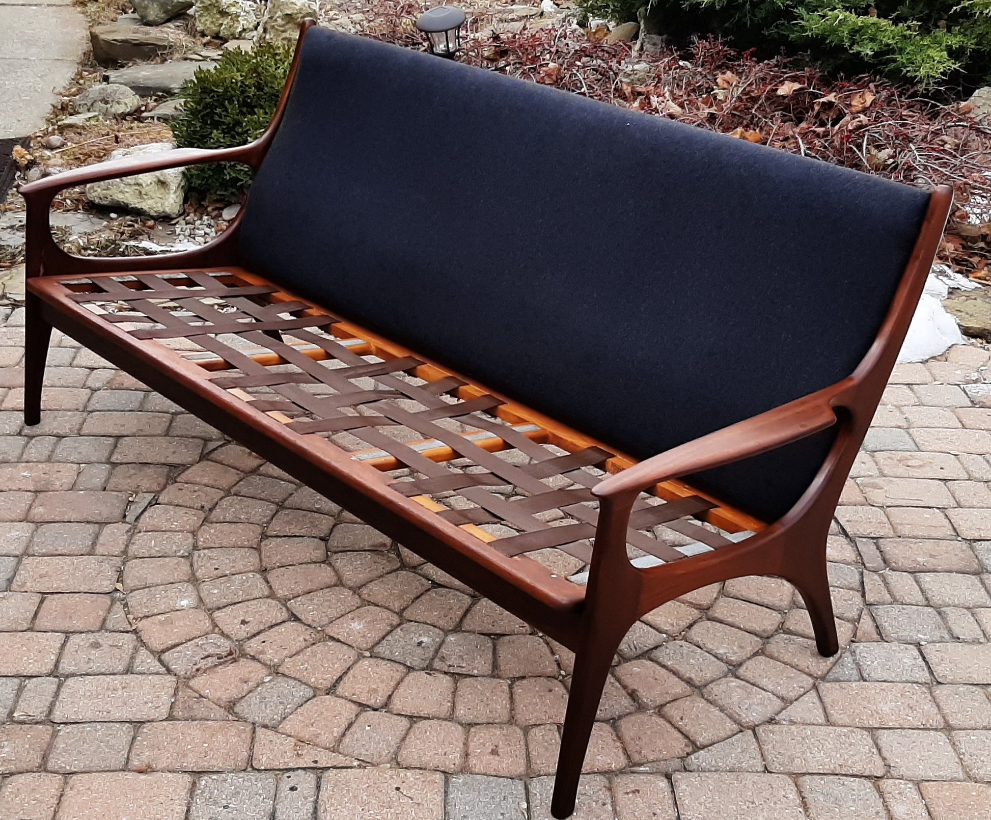 On hold***REFINISHED MCM Solid Teak 3-Seater Lounge Sofa with charcoal wool upholstery - Mid Century Modern Toronto