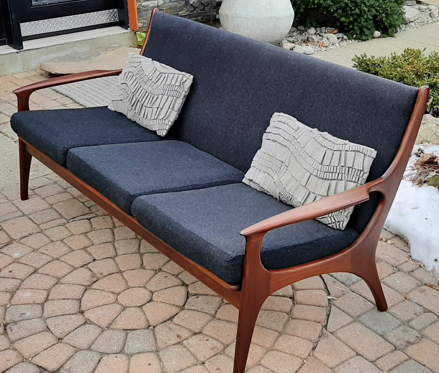 On hold***REFINISHED MCM Solid Teak 3-Seater Lounge Sofa with charcoal wool upholstery - Mid Century Modern Toronto