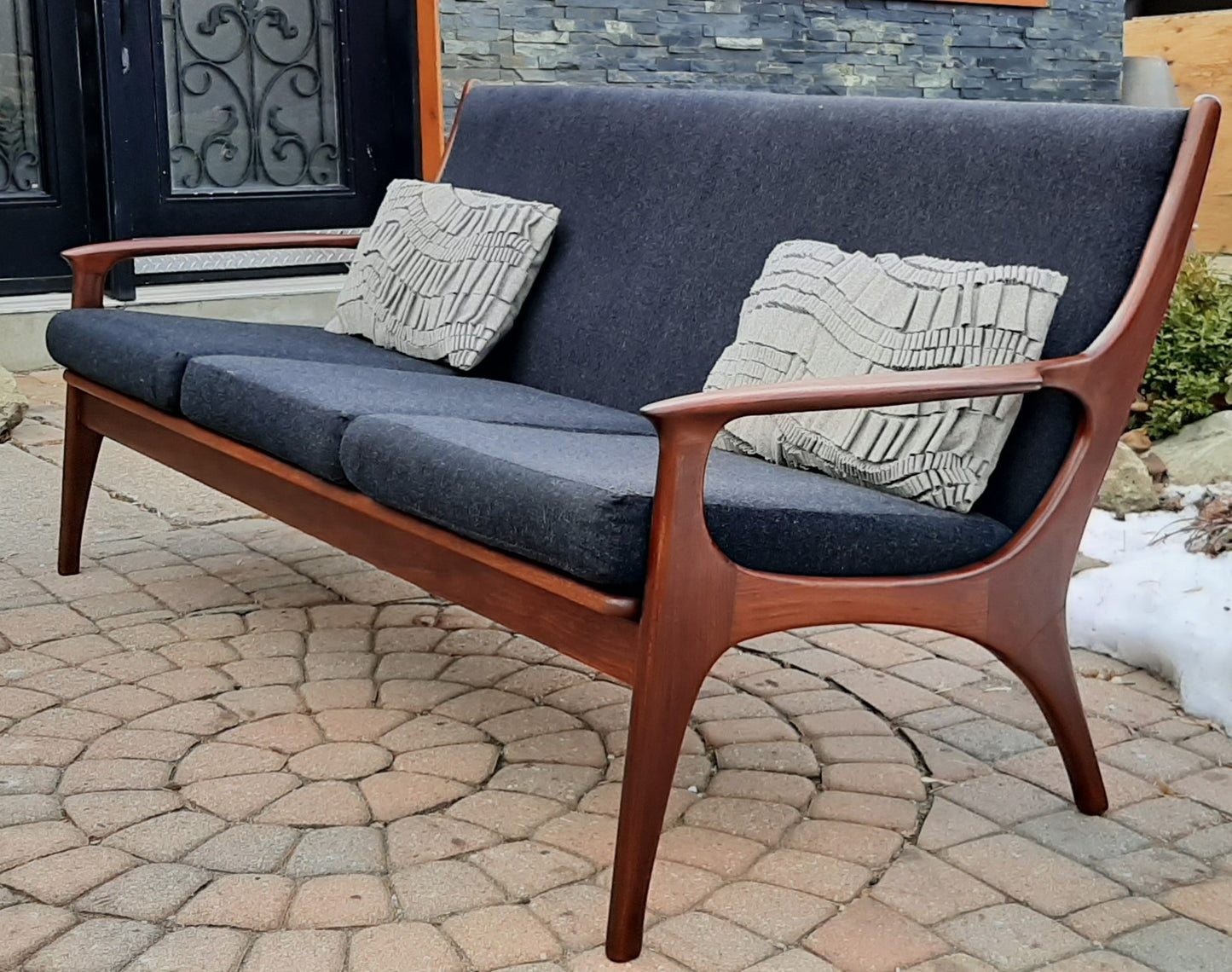 On hold***REFINISHED MCM Solid Teak 3-Seater Lounge Sofa with charcoal wool upholstery - Mid Century Modern Toronto