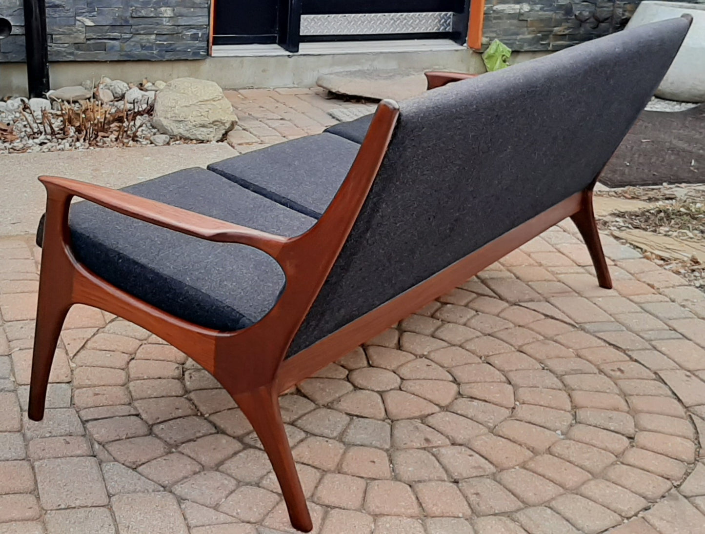 On hold***REFINISHED MCM Solid Teak 3-Seater Lounge Sofa with charcoal wool upholstery - Mid Century Modern Toronto