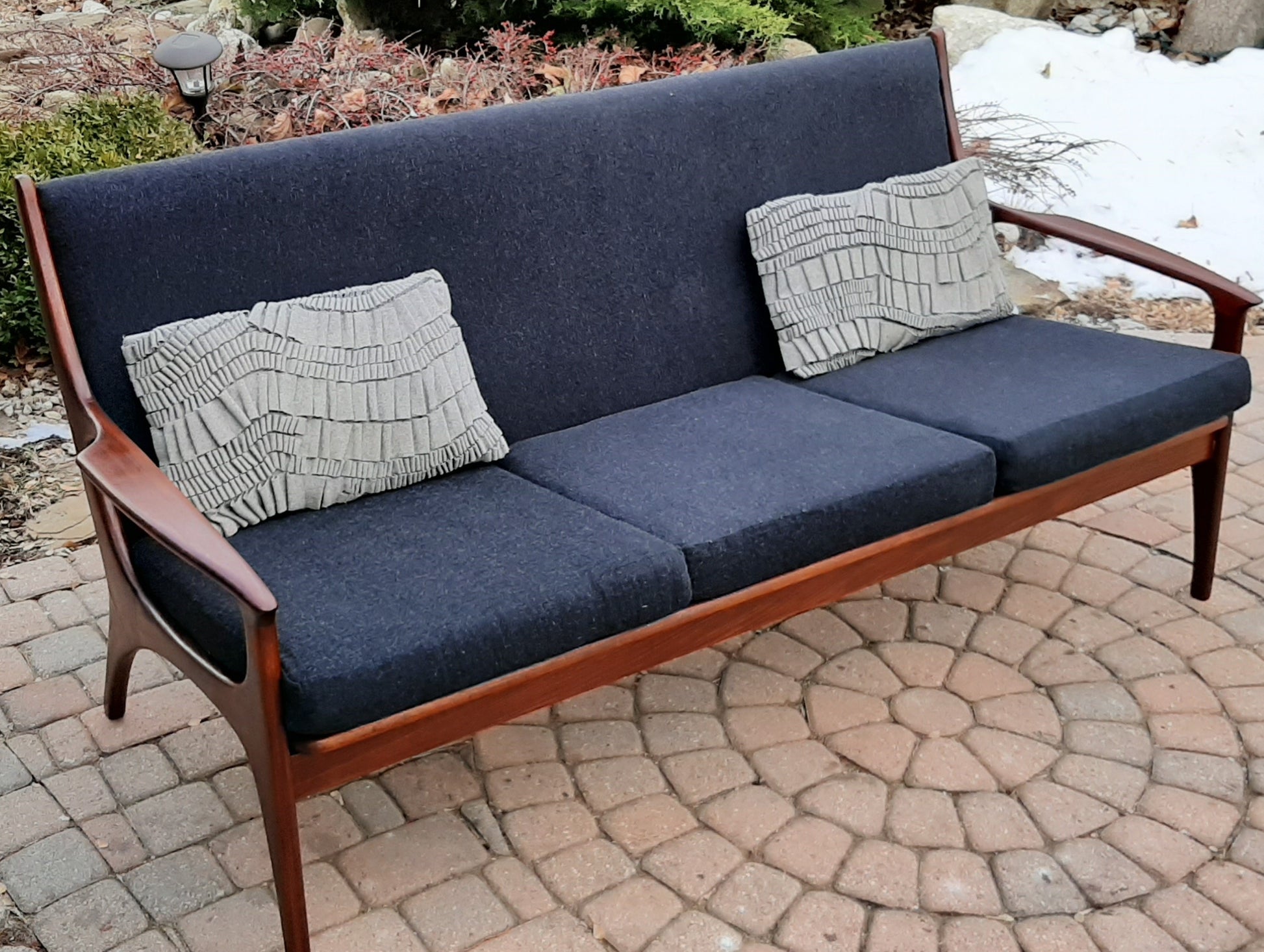 On hold***REFINISHED MCM Solid Teak 3-Seater Lounge Sofa with charcoal wool upholstery - Mid Century Modern Toronto