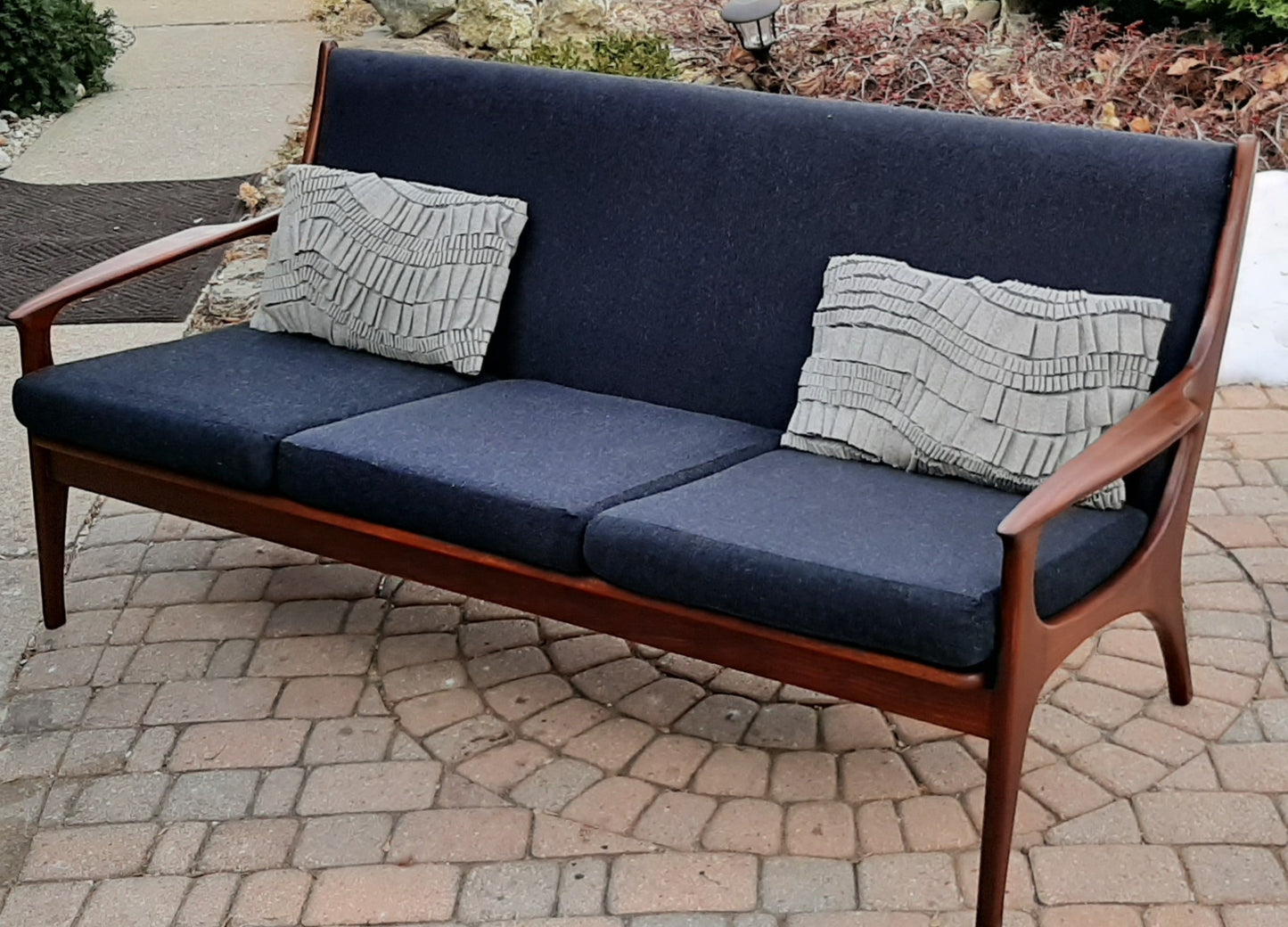 On hold***REFINISHED MCM Solid Teak 3-Seater Lounge Sofa with charcoal wool upholstery - Mid Century Modern Toronto