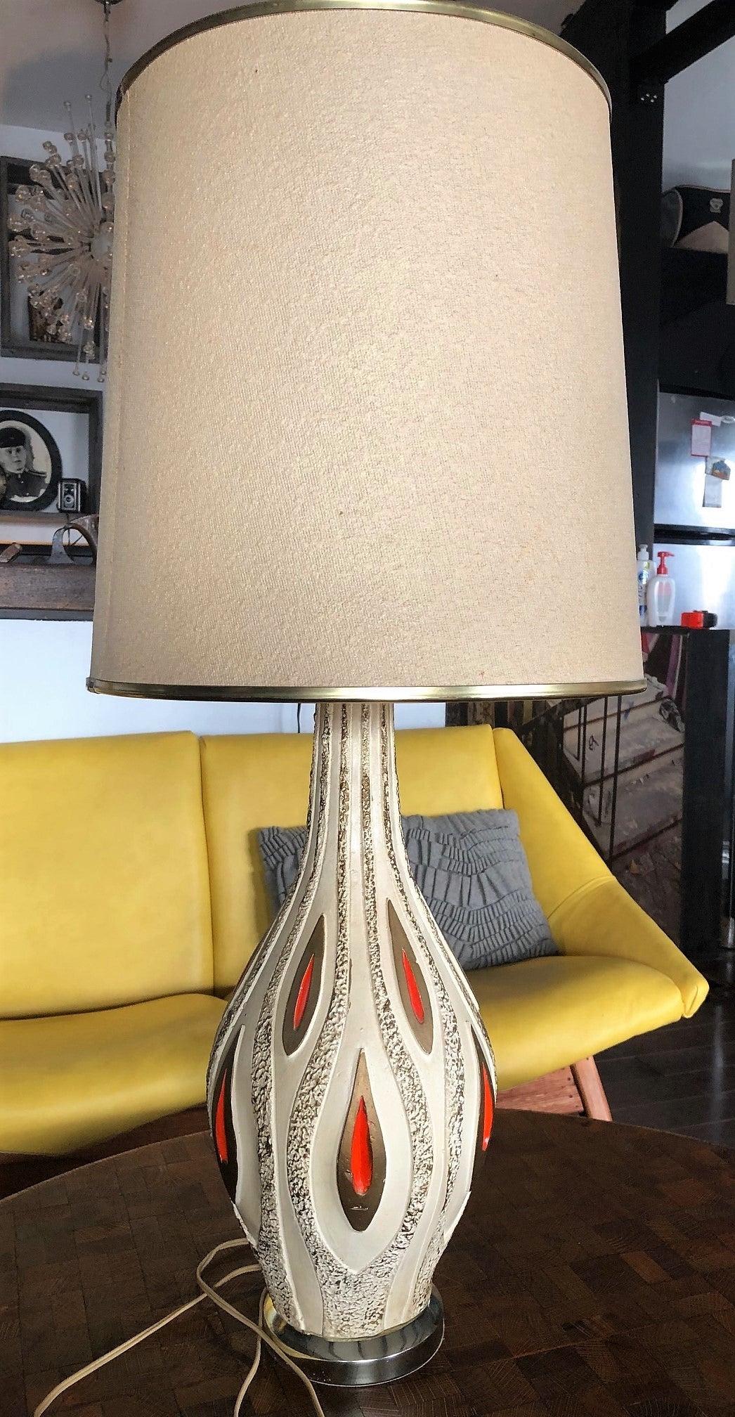 Mid Century Modern art pottery lamp-textured cream, brown, orange; H 34.5
