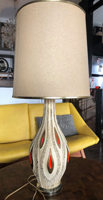 Mid Century Modern art pottery lamp-textured cream, brown, orange; H 34.5