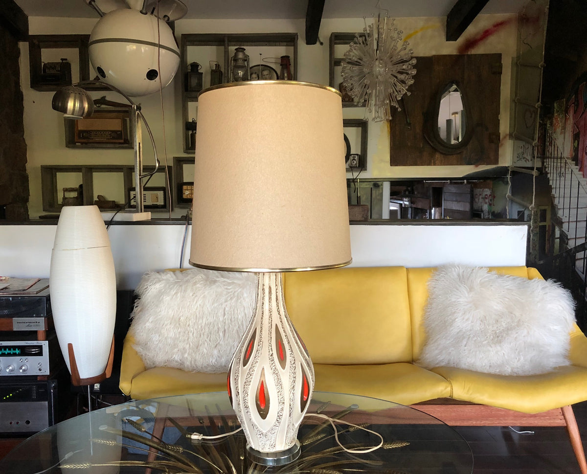 Mid Century Modern art pottery lamp-textured cream, brown, orange; H 34.5
