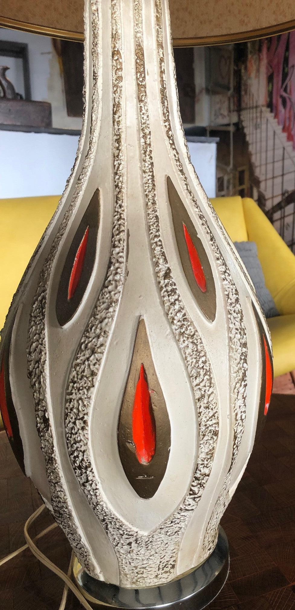 Mid Century Modern art pottery lamp-textured cream, brown, orange; H 34.5