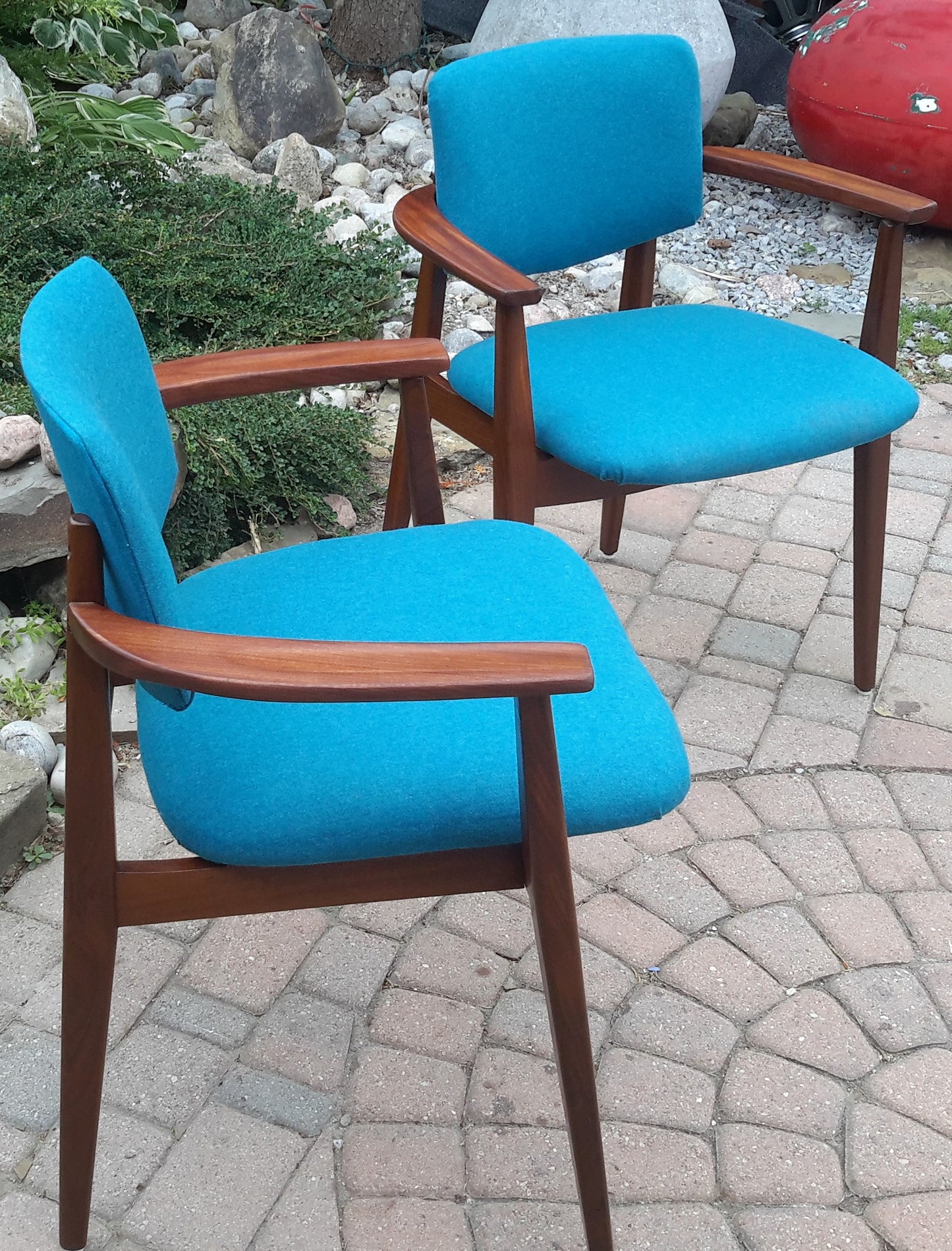 2 REFINISHED REUPHOLSTERED Solid Teak Arm Chairs by Jan Kuypers PERFECT, each $399 - Mid Century Modern Toronto