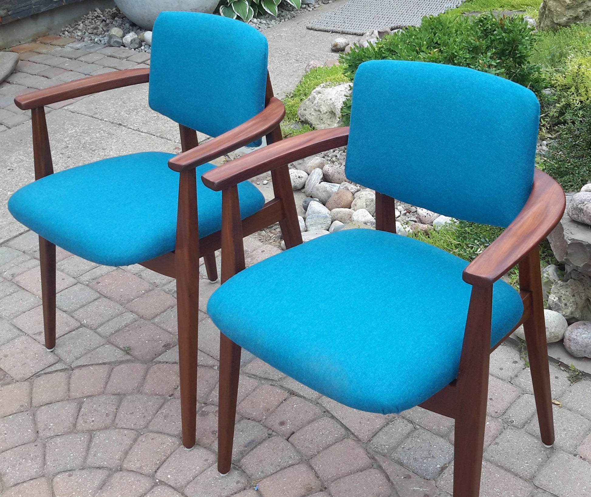 2 REFINISHED REUPHOLSTERED Solid Teak Arm Chairs by Jan Kuypers PERFECT, each $399 - Mid Century Modern Toronto