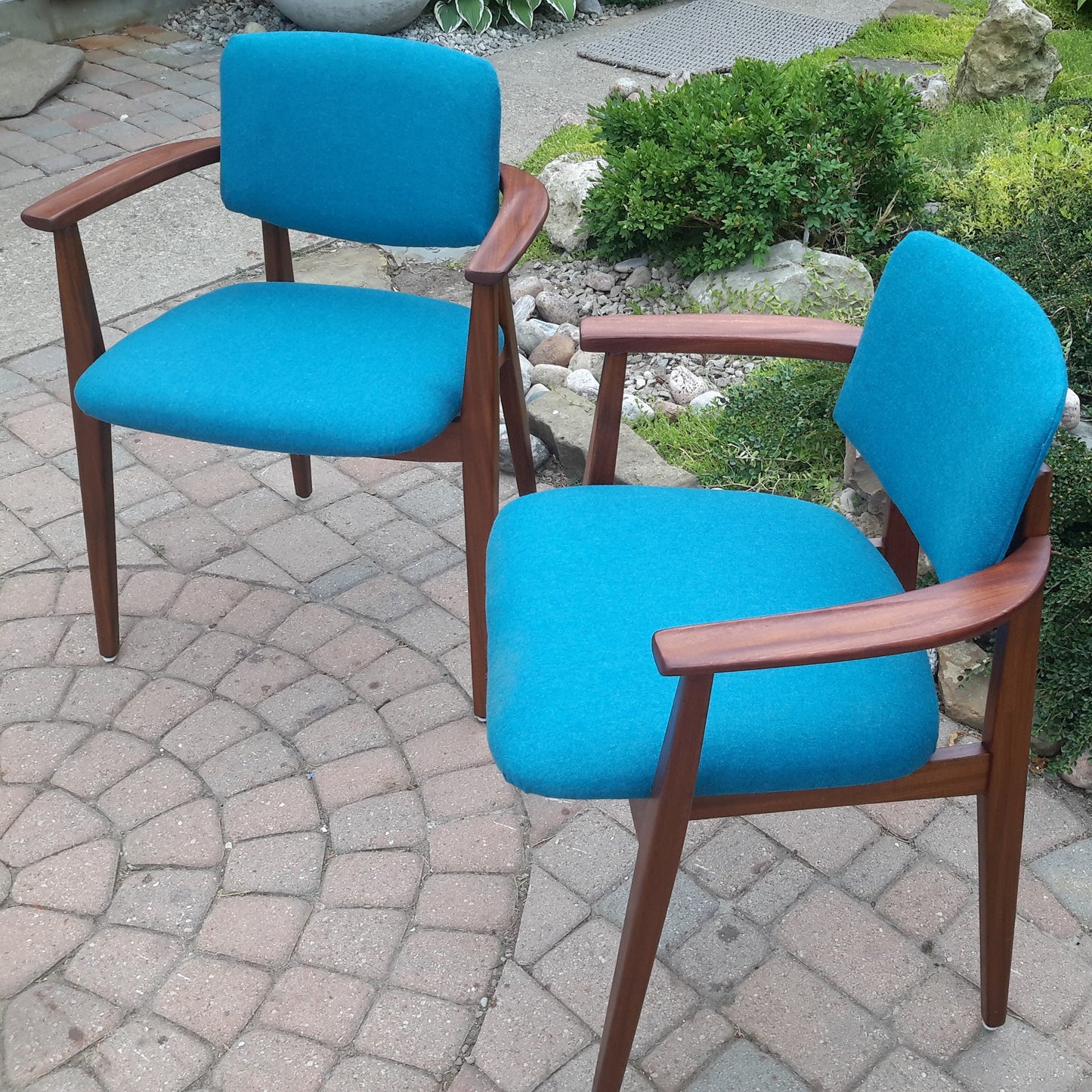 2 REFINISHED REUPHOLSTERED Solid Teak Arm Chairs by Jan Kuypers PERFECT, each $399 - Mid Century Modern Toronto