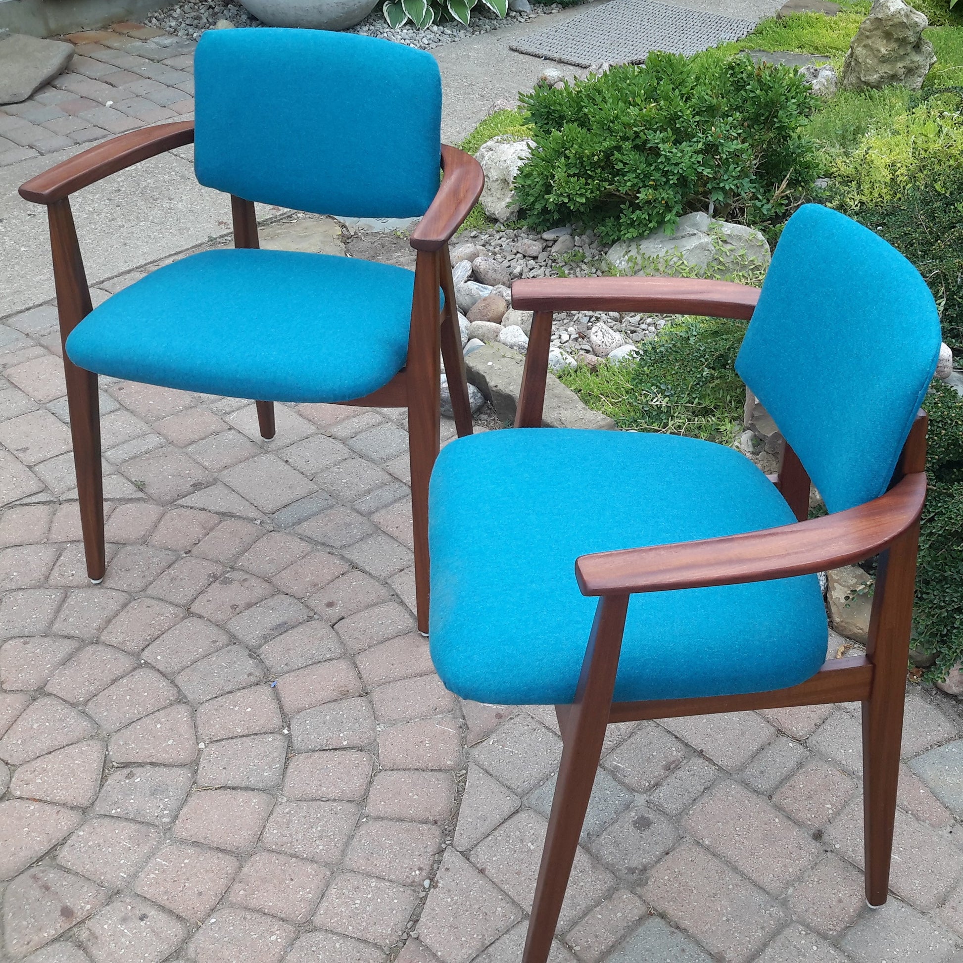 2 REFINISHED REUPHOLSTERED Solid Teak Arm Chairs by Jan Kuypers PERFECT, each $399 - Mid Century Modern Toronto