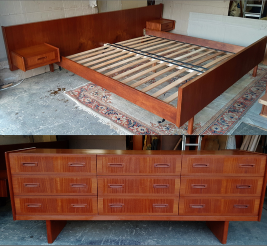REFINISHED MCM Teak King bed with floating night stands and 9 drawers dresser, PERFECT - Mid Century Modern Toronto