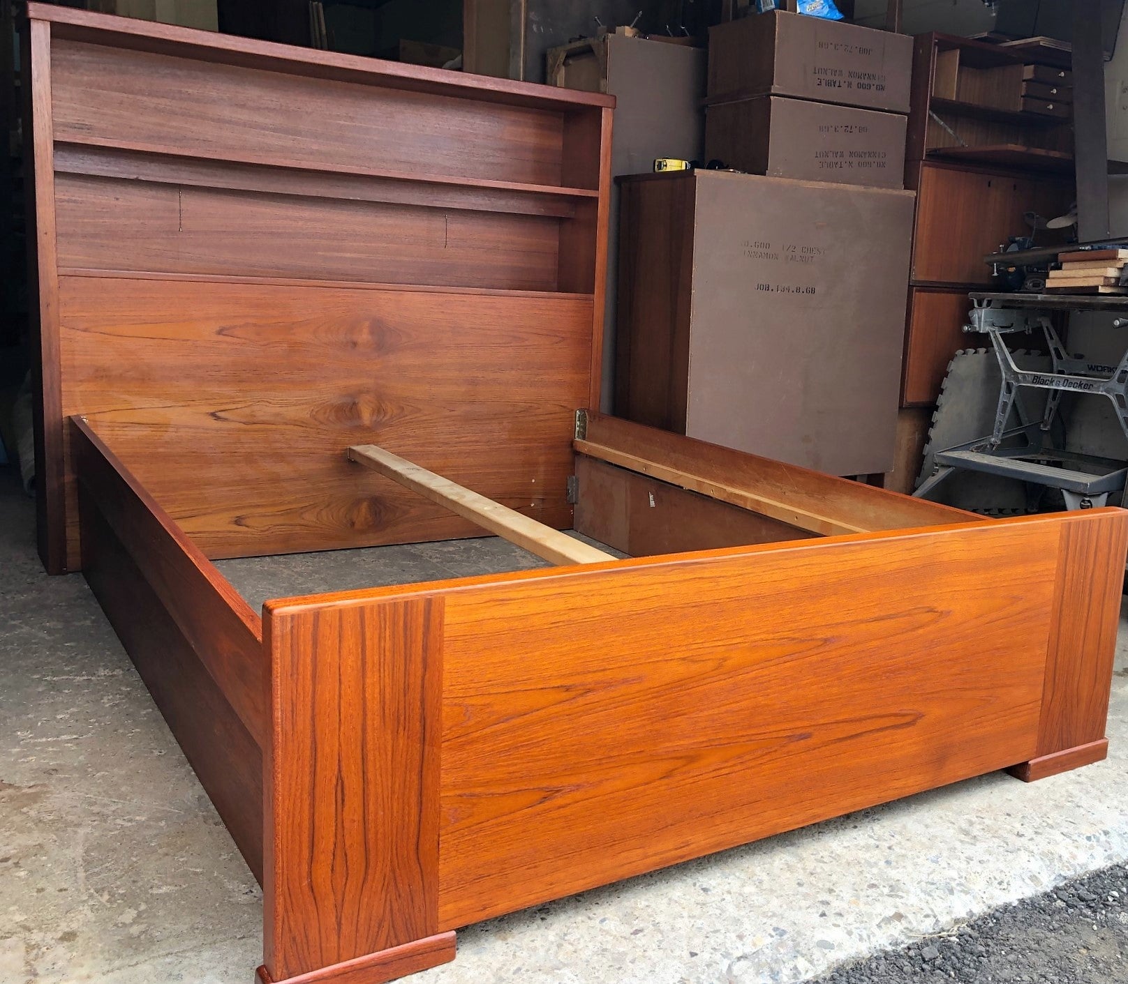 Restored MCM Teak Bed Double with Bookcase Headboard & Lighting, perfect - Mid Century Modern Toronto
