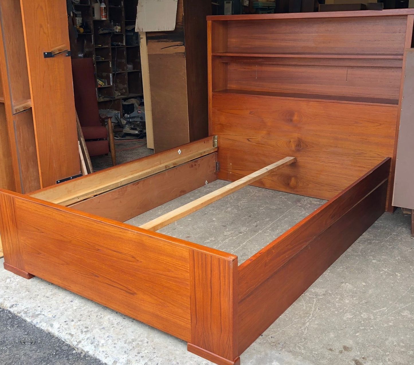 Restored MCM Teak Bed Double with Bookcase Headboard & Lighting, perfect - Mid Century Modern Toronto