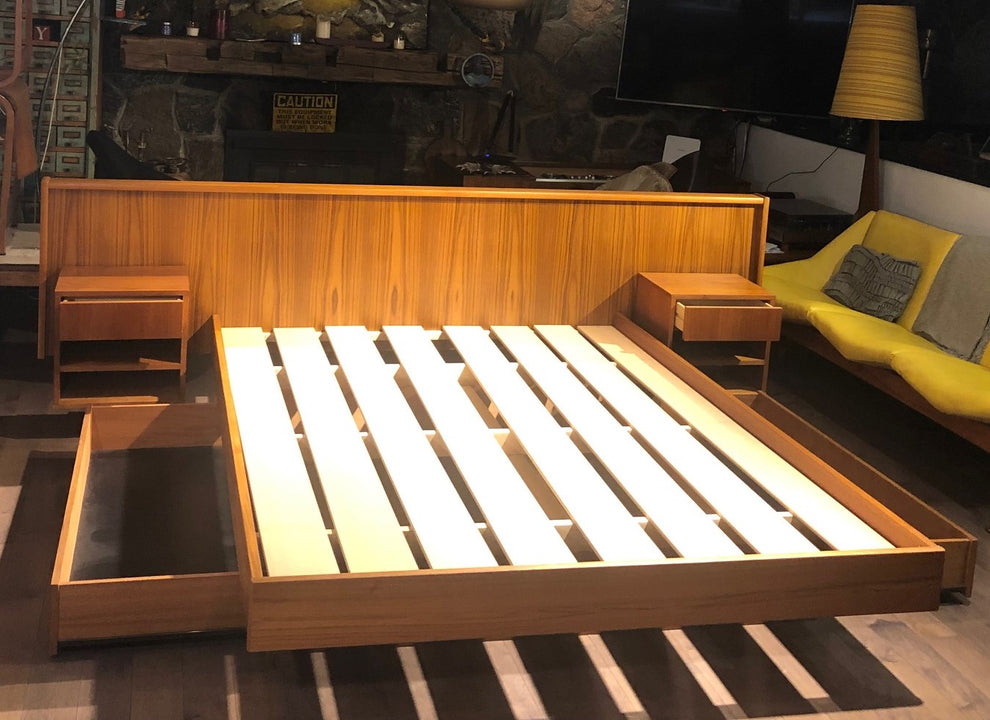 REFINISHED MCM Teak platform bed Queen with storage drawers, 2 night s