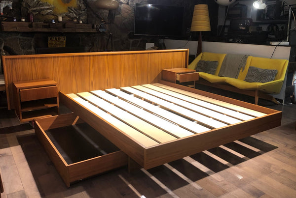 REFINISHED MCM Teak platform bed Queen with storage drawers, 2 night s