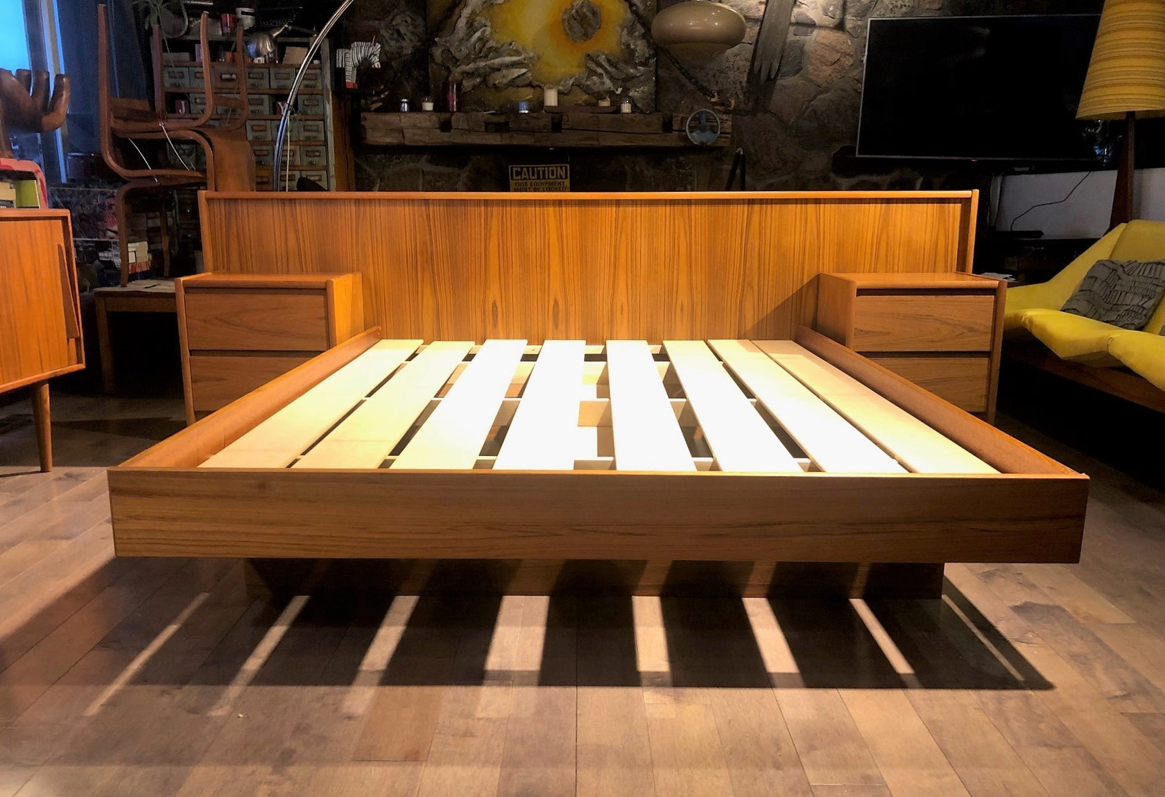 REFINISHED MCM Teak platform bed Queen with storage drawers, 2 night s