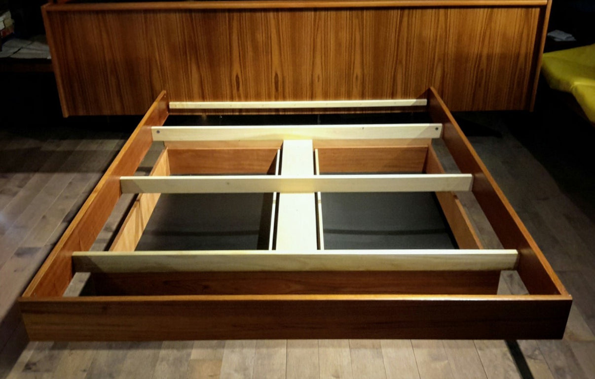 REFINISHED MCM Teak platform bed Queen with storage drawers, 2 night s
