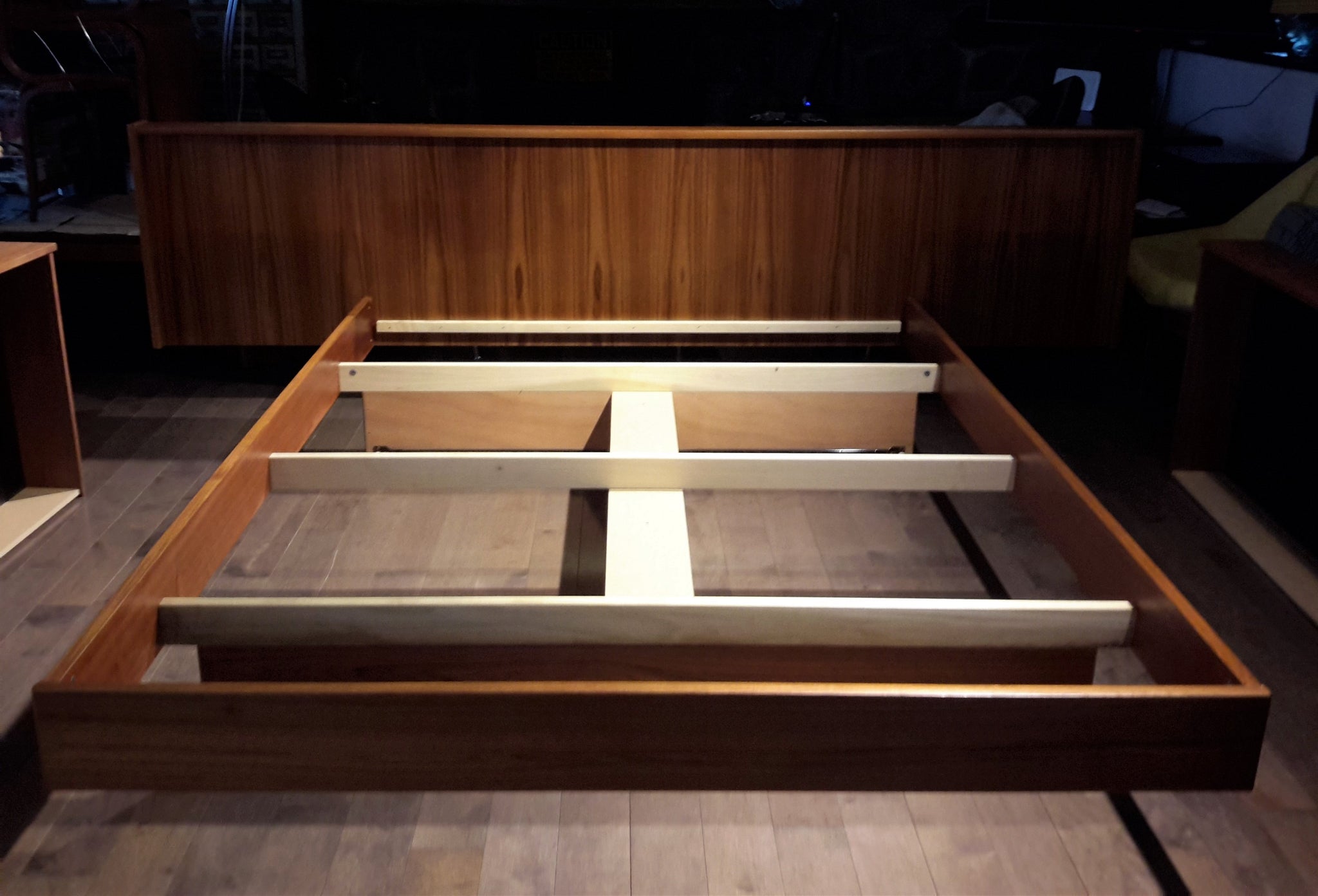 REFINISHED MCM Teak platform bed Queen with storage drawers, 2 night s