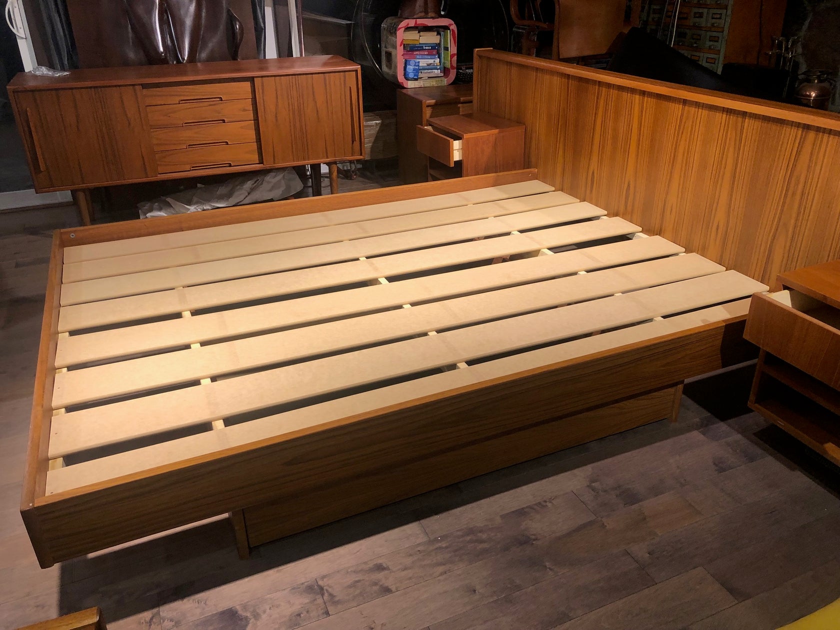 REFINISHED MCM Teak platform bed Queen with storage drawers, 2 night s