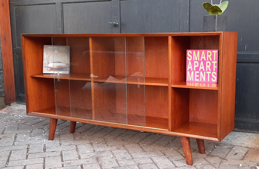REFINISHED Low MCM Teak Bookcase w sliding glass doors by Punch Design, 5 ft,  PERFECT - Mid Century Modern Toronto