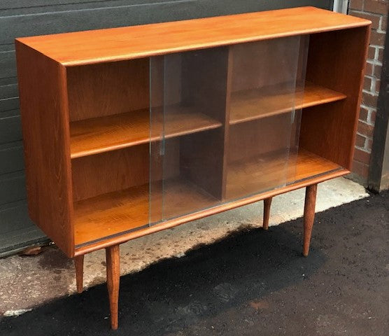 REFINISHED MCM Teak Bookcase Display w sliding glass doors 48",  PERFECT - Mid Century Modern Toronto