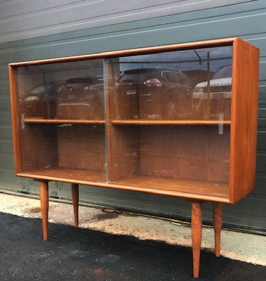 REFINISHED MCM Teak Bookcase Display w sliding glass doors 48",  PERFECT - Mid Century Modern Toronto