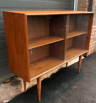 REFINISHED MCM Teak Bookcase Display w sliding glass doors 48",  PERFECT - Mid Century Modern Toronto