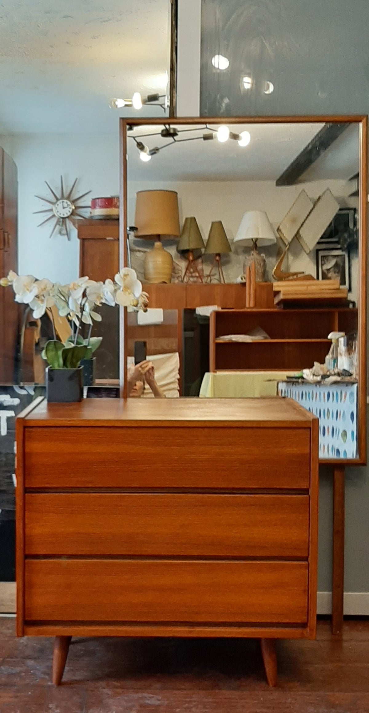 vintage mid century modern dresser with mirror REFINISHED MCM Teak Chest 3 drawers & Mirror, PERFECT — Toronto Gianni Bini Dillards Black each adorned with sleek short-name:Rayon Jersey Black Size:FR 40