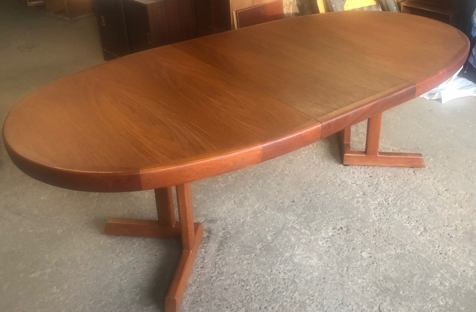 REFINISHED MCM Teak Dining Table Oval w 1 leaf large 67" - 88", treated for durability, PERFECT - Mid Century Modern Toronto