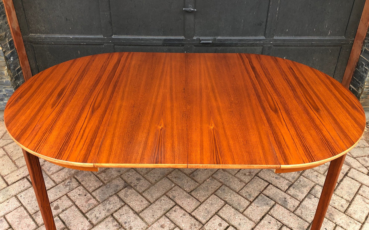 REFINISHED Swedish MCM Teak Dining Table round to oval w 2 leaves 42