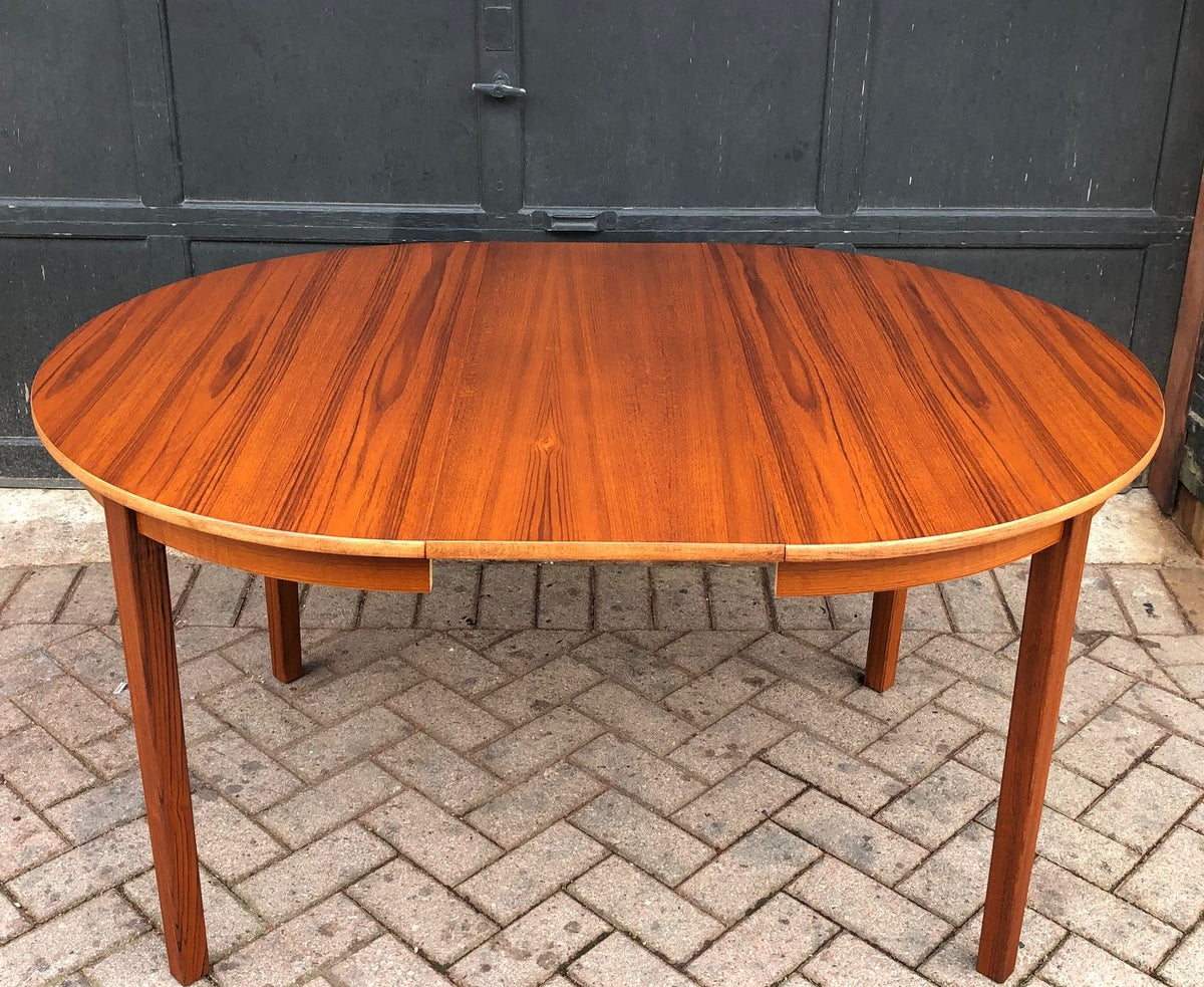 REFINISHED Swedish MCM Teak Dining Table round to oval w 2 leaves 42