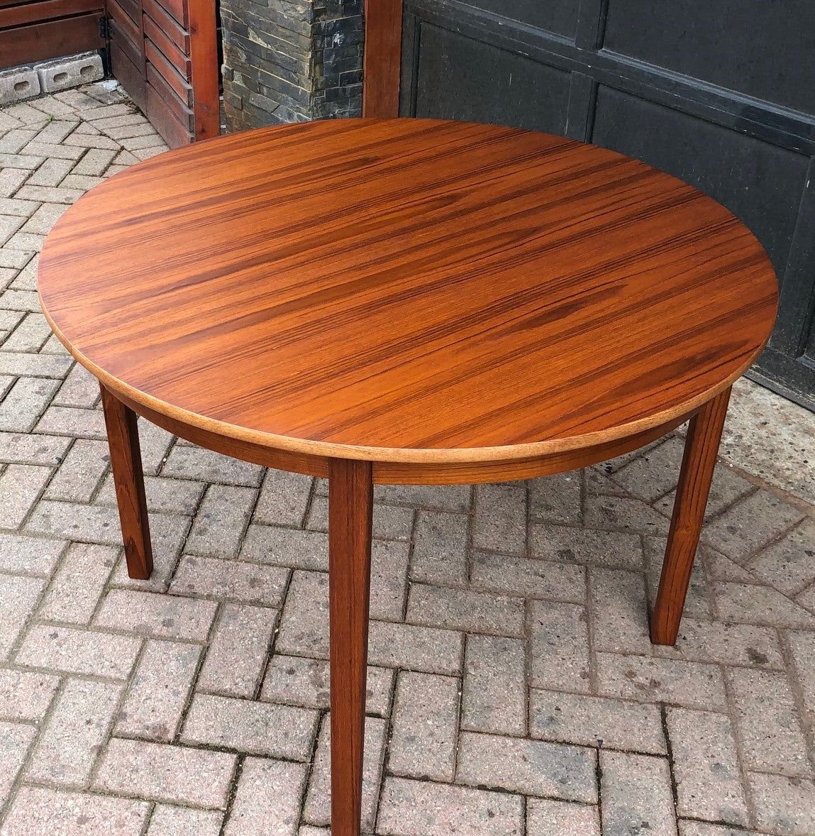 REFINISHED Swedish MCM Teak Dining Table round to oval w 2 leaves 42