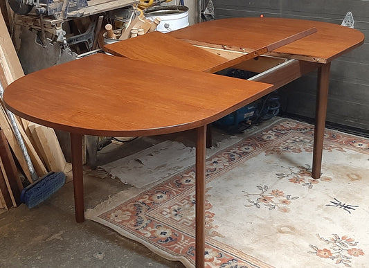 REFINISHED MCM Teak Table Oval Self-Storing w Butterfly Leaf 58"-74", perfect - Mid Century Modern Toronto
