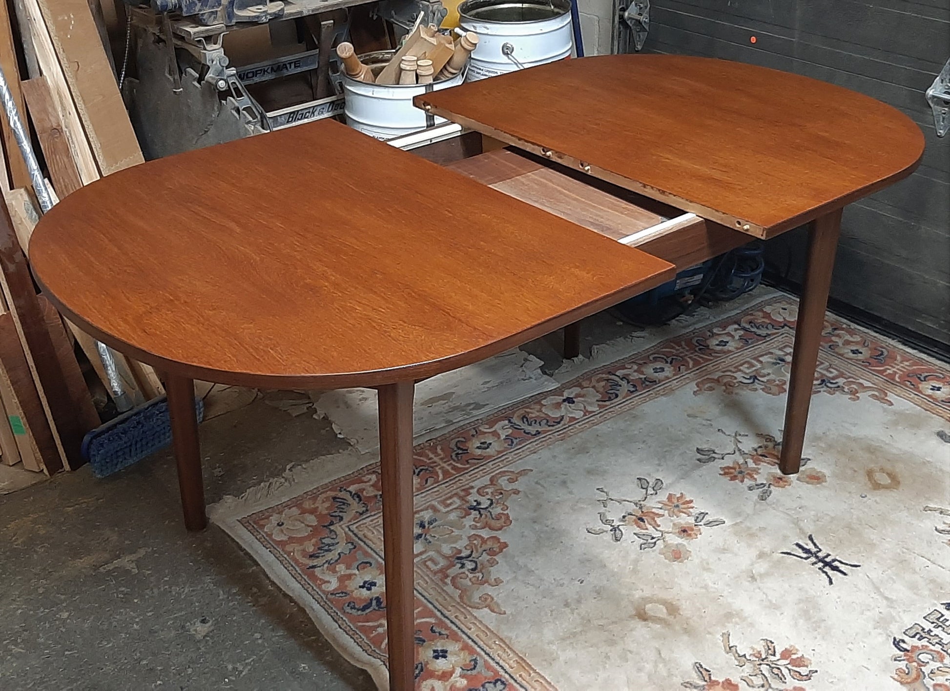 REFINISHED MCM Teak Table Oval Self-Storing w Butterfly Leaf 58"-74", perfect - Mid Century Modern Toronto
