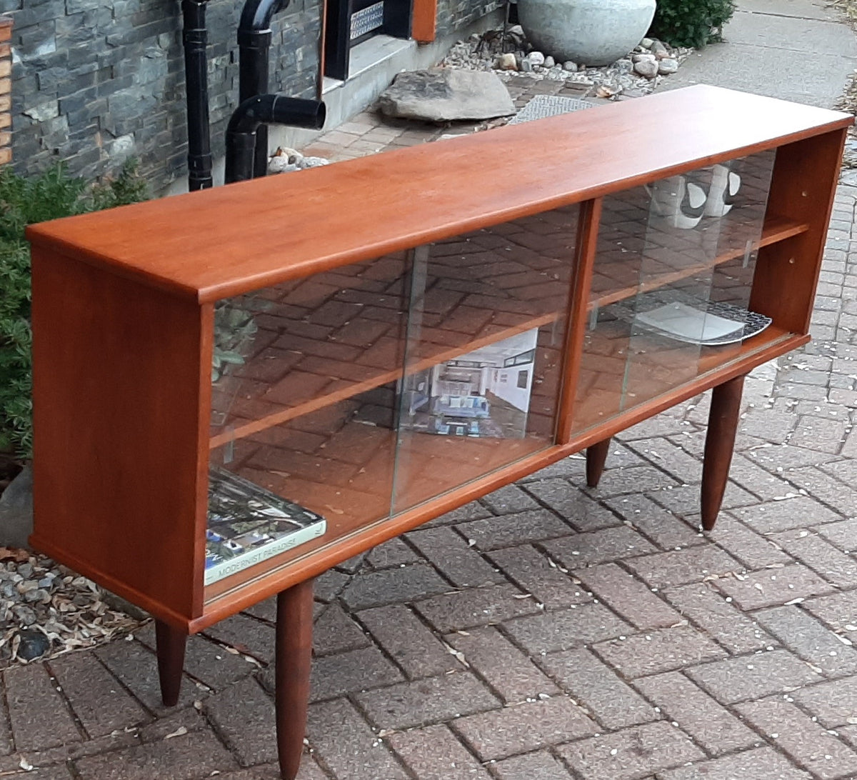 REFINISHED Danish MCM Teak Bookcase Display Media Console w sliding glass doors 63
