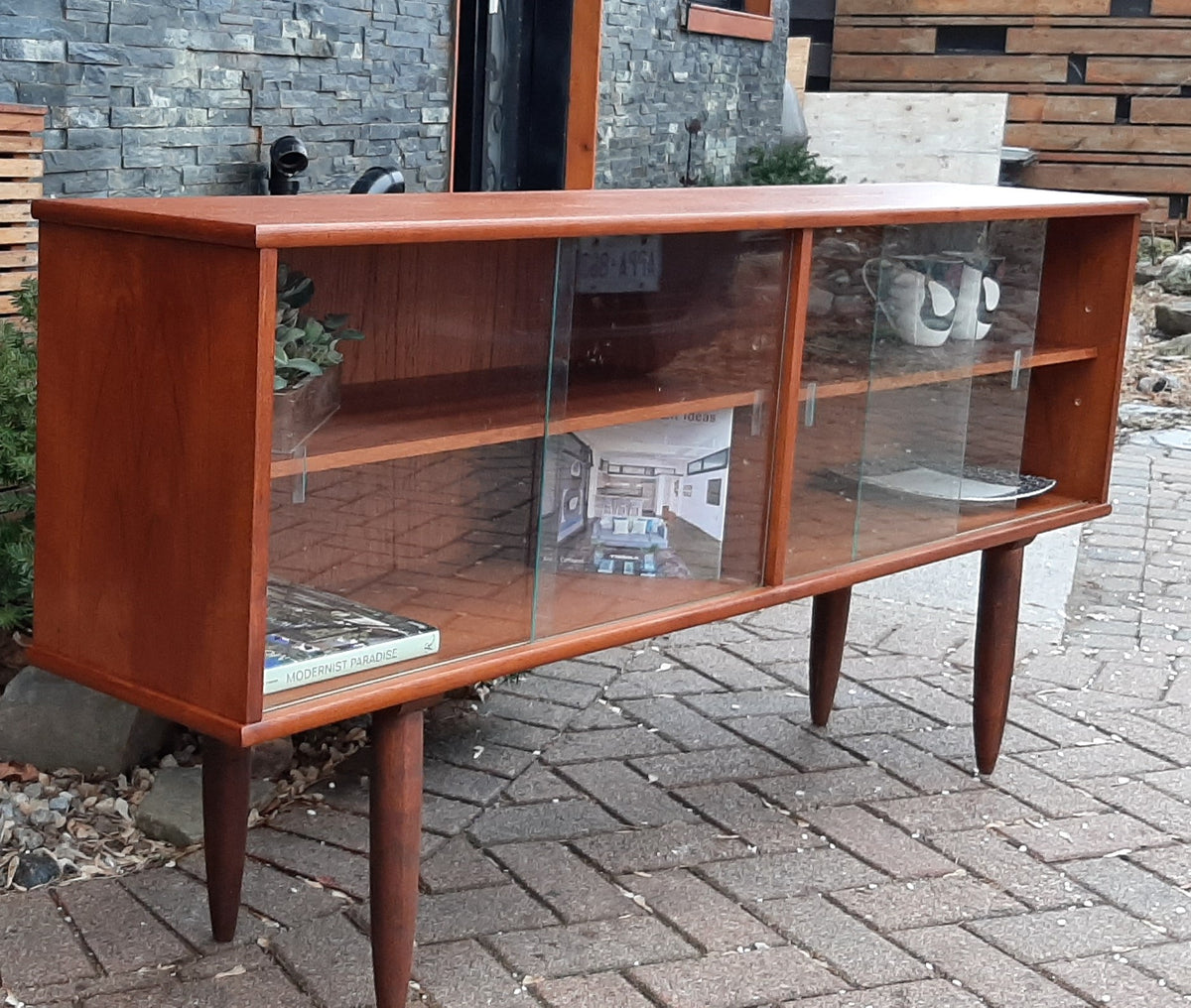 REFINISHED Danish MCM Teak Bookcase Display Media Console w sliding glass doors 63