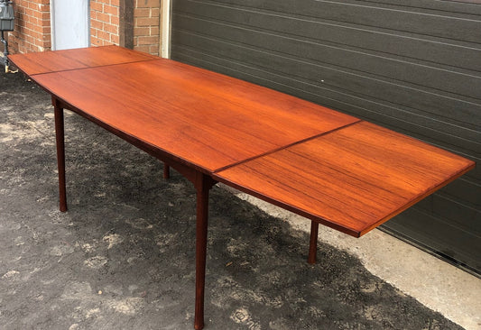 RESERVED for Julia ***REFINISHED MCM Teak Dining Table Extendable with 2 Leaves / Draw Leaf Surfboard shape PERFECT, 58"-99" - Mid Century Modern Toronto