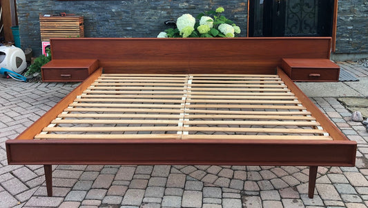 REFINISHED MCM Teak platform bed King size with floating night stands, PERFECT - Mid Century Modern Toronto