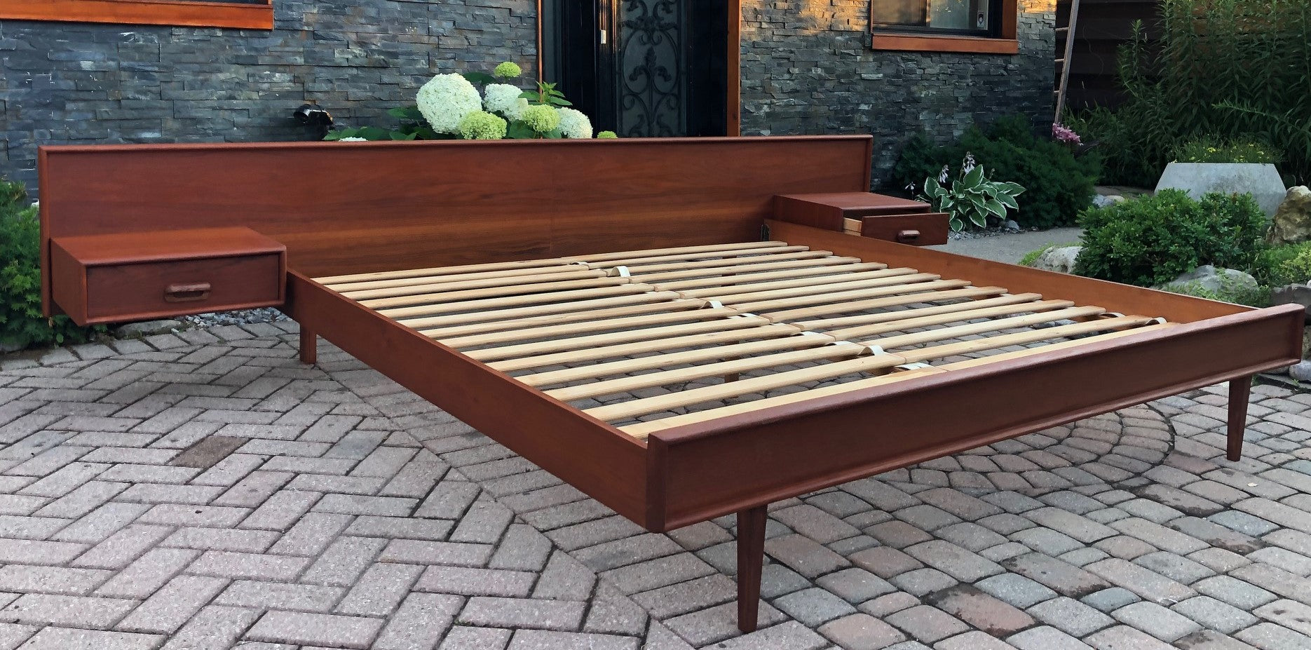 REFINISHED MCM Teak platform bed King size with floating night stands, PERFECT - Mid Century Modern Toronto