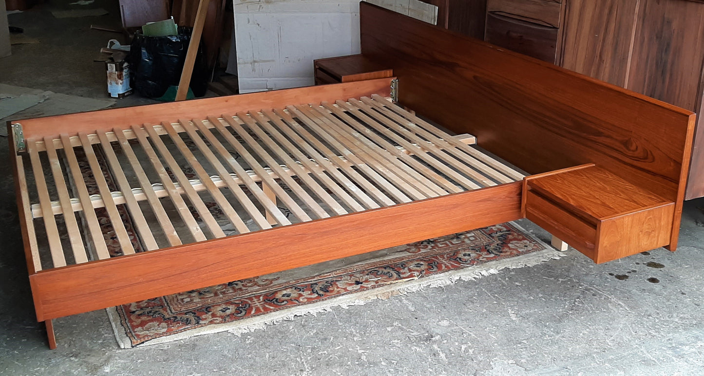REFINISHED MCM Teak Platform Bed w floating nightstands Queen, PERFECT - Mid Century Modern Toronto