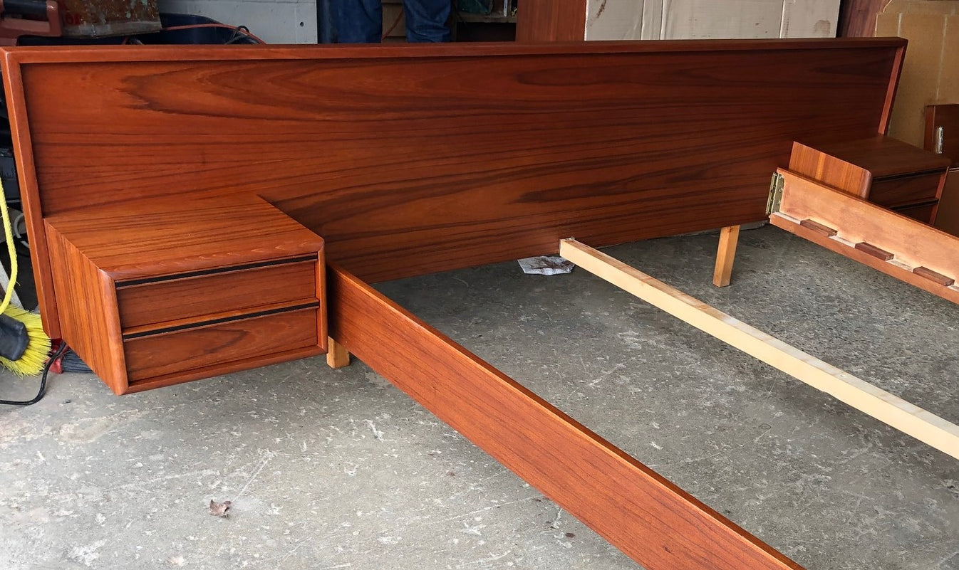 REFINISHED MCM Teak Platform Bed w floating nightstands Queen, PERFECT