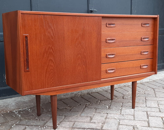 REFINISHED  Compact MCM Teak Sideboard with Sliding Door & Drawers, 4 ft, perfect - Mid Century Modern Toronto