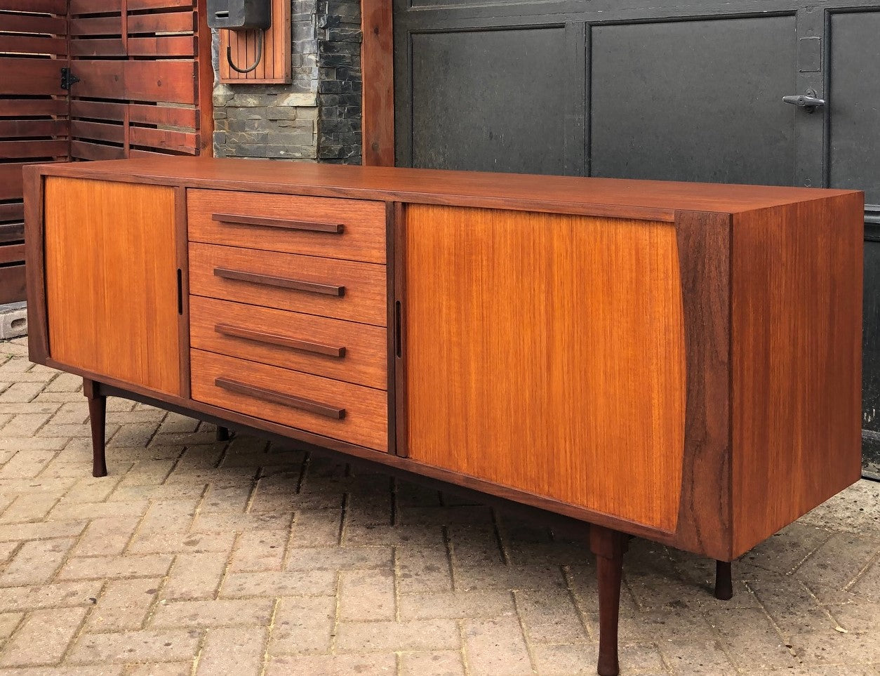 REFINISHED MCM Teak Sideboard with tambour doors and rosewood accents by RS Associates, perfect, 78" - Mid Century Modern Toronto