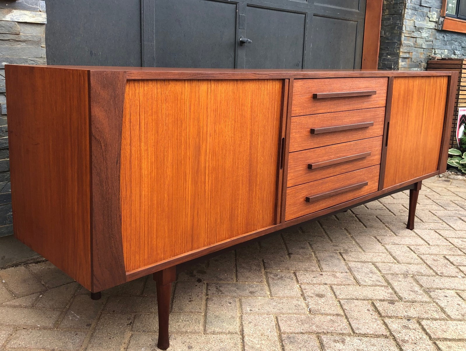 REFINISHED MCM Teak Sideboard with tambour doors by RS Associates, 78" - Mid Century Modern Toronto