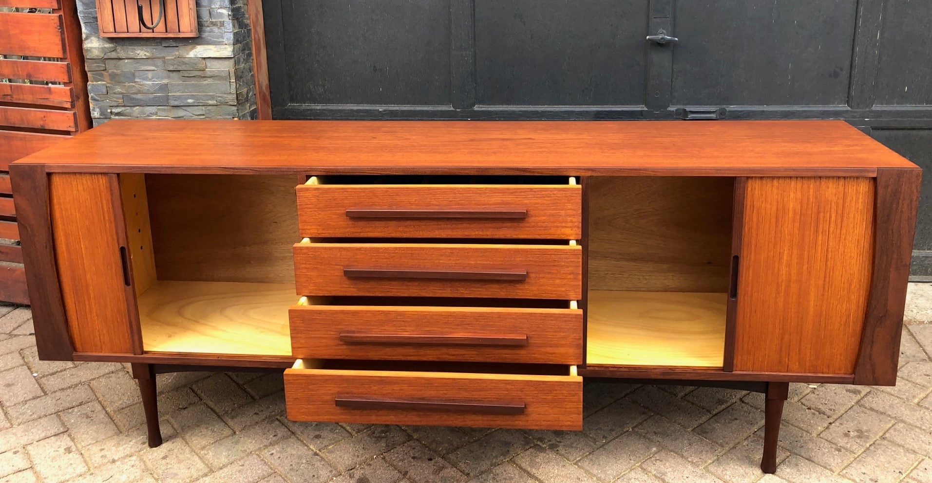 REFINISHED MCM Teak Sideboard with tambour doors by RS Associates, 78" - Mid Century Modern Toronto