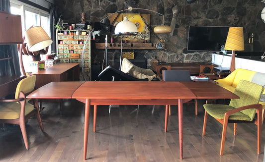 REFINISHED Danish MCM Teak Table Surfboard Extendable by H Kjaernulf for Vejle, perfect - Mid Century Modern Toronto