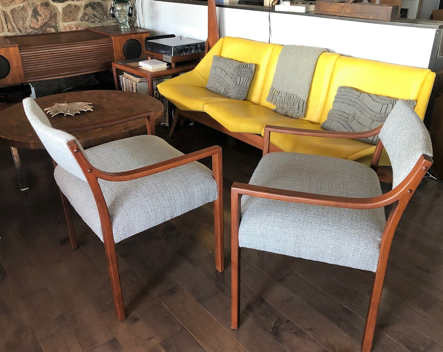 A Pair of REFINISHED REUPHOLSTERED low-slung Walnut Armchairs, each $399, like new - Mid Century Modern Toronto